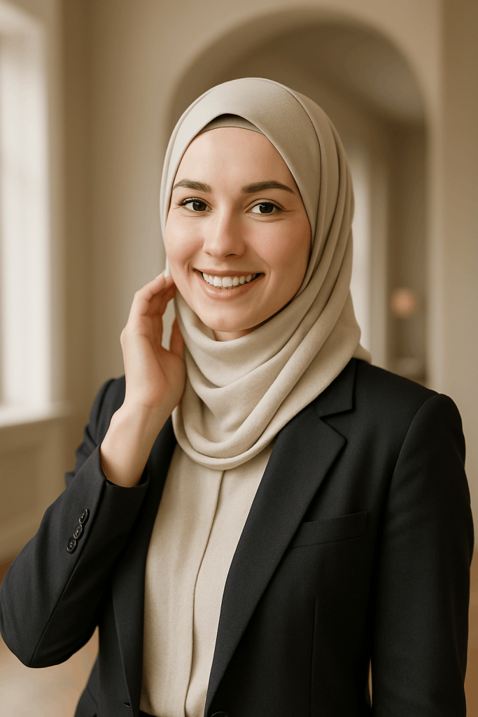 Confident Muslim woman in beige hijab and black blazer smiling indoors – modest fashion professional look